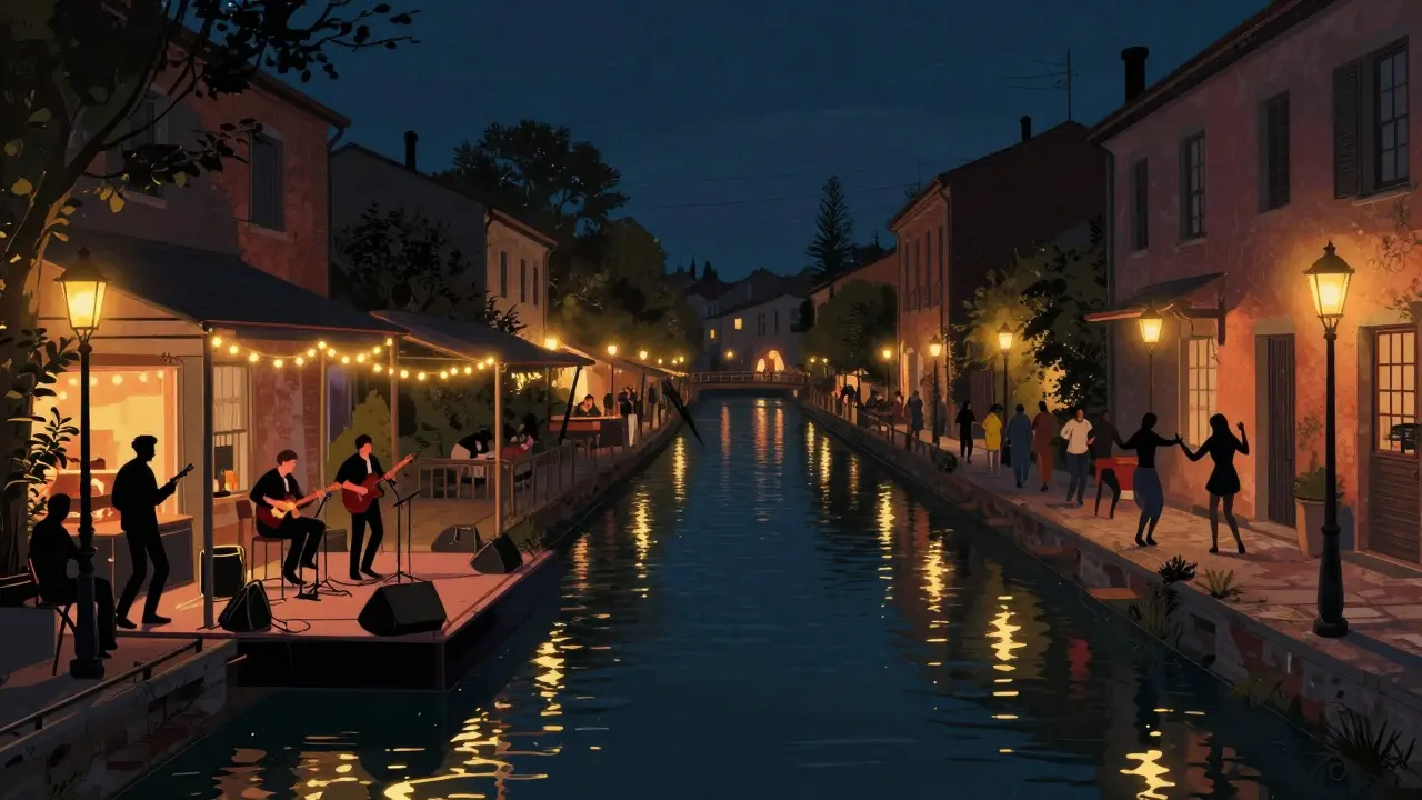 Vibrant nightlife along Milan's Navigli canal with live music and reflections on water.