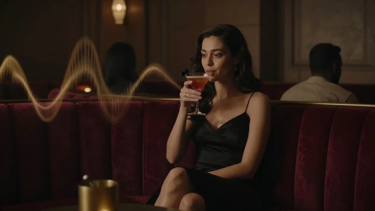 Woman relaxing in a velvet booth at Opium lounge with soft ambient lighting.